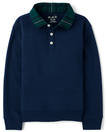 Boys Plaid Collar French Terry Rugby Polo - TIDAL