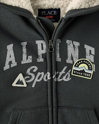 Boys Embroidered Patch Sherpa Lined Premium Fleece Zip Up Hoodie - MOTOROIL