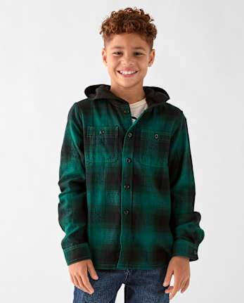 Chemise à capuche boutonnée en flanelle à carreaux pour garçon - BALT GREEN