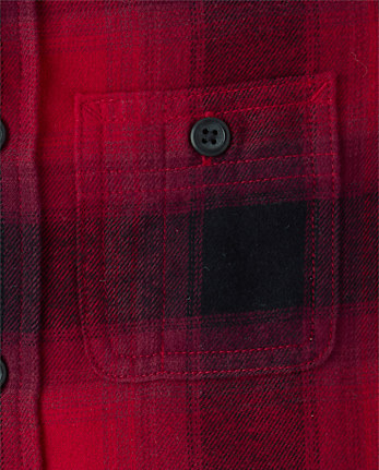 Boys Plaid Flannel Hooded Button Up Shirt - RED OCHRE