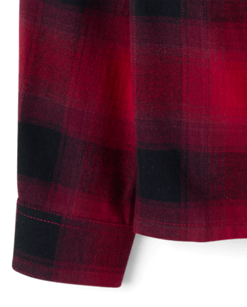 Boys Plaid Flannel Hooded Button Up Shirt - RED OCHRE