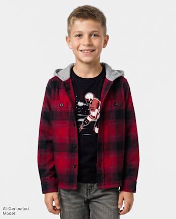 Boys Plaid Flannel Hooded Button Up Shirt - RED OCHRE