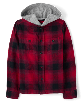 Boys Plaid Flannel Hooded Button Up Shirt - RED OCHRE