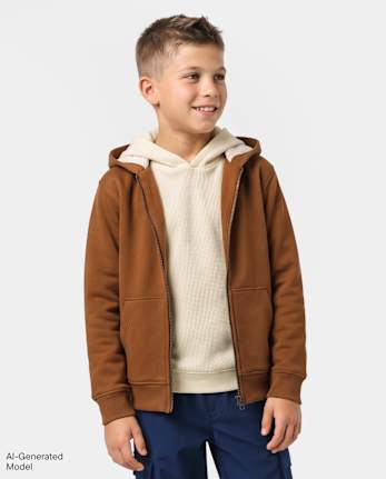 Boys Premium Fleece Thermal Lined Zip Up Hoodie - BURNT SUGAR CL