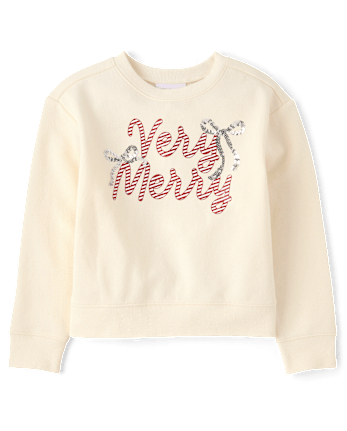Girls Embellished Holiday Premium Fleece Sweatshirt - FAIR IVORY