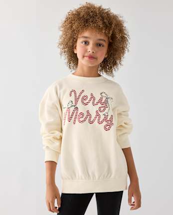 Girls Embellished Holiday Premium Fleece Sweatshirt - FAIR IVORY