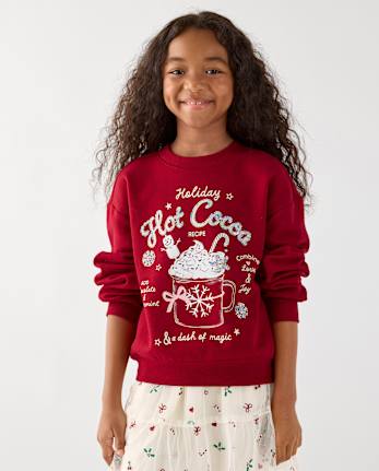 Girls Embellished Holiday Premium Fleece Sweatshirt - RED OCHRE