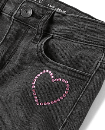Girls Rhinestone Heart Flare Jeans - BLACK WASH