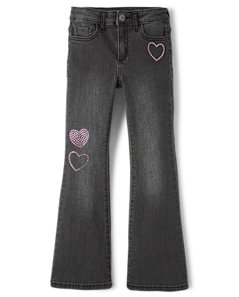 Girls Rhinestone Heart Flare Jeans - BLACK WASH
