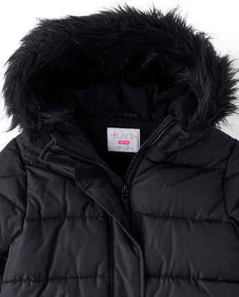 Girls Microfleece Lined Hooded Long Puffer Jacket - BLACK