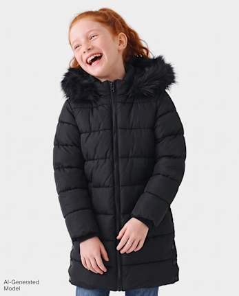 Doudoune longue à capuche doublée en microfibre polaire pour filles - BLACK