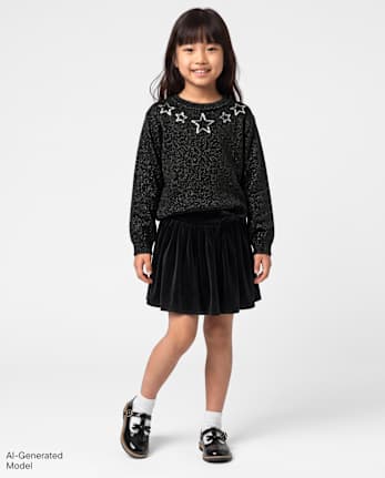 Girls Glitter Velour Skirt - BLACK