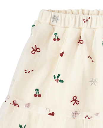 Girls Christmas Mesh Ruffle Skirt - FAIR IVORY