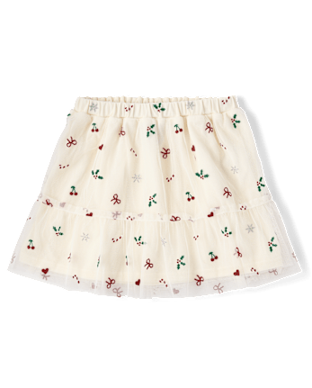 Girls Christmas Mesh Ruffle Skirt - FAIR IVORY
