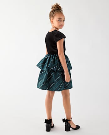 Girls Plaid Tiered Dress - BALT GREEN