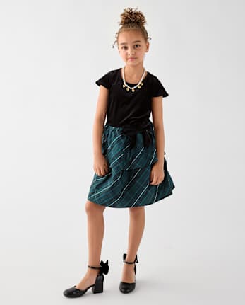 Girls Plaid Tiered Dress - BALT GREEN