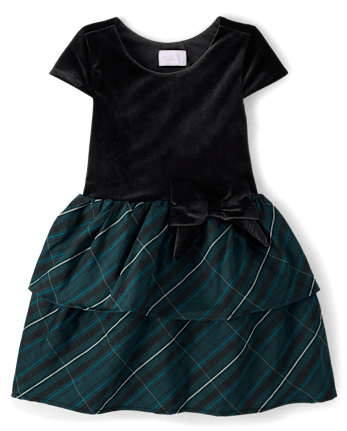 Girls Plaid Tiered Dress - BALT GREEN