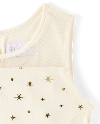 Girls Foil Star Mesh Fit And Flare Dress - FAIR IVORY