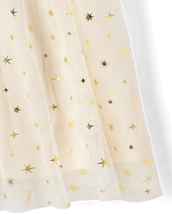 Girls Foil Star Mesh Fit And Flare Dress - FAIR IVORY