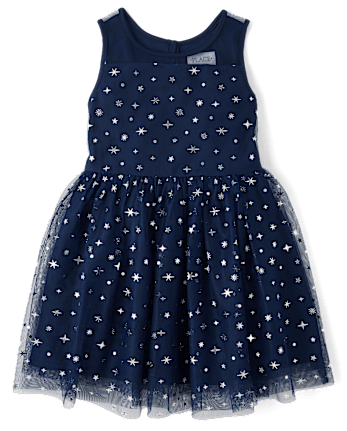 Girls Foil Star Mesh Fit And Flare Dress - TIDAL