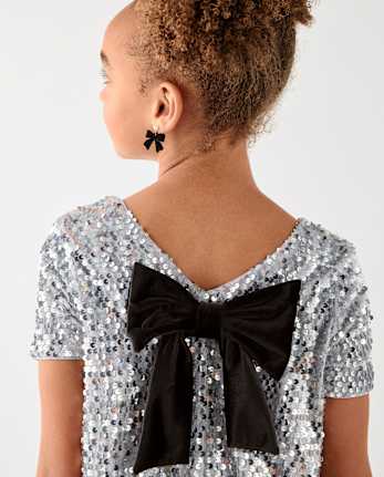 Girls Sequin Bow Shift Dress - SILVER