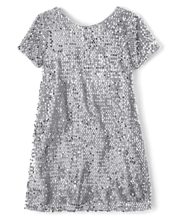 Girls Sequin Bow Shift Dress - SILVER