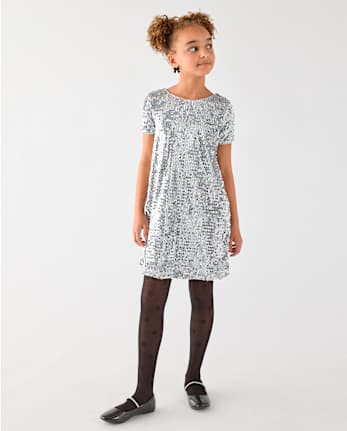 Girls Sequin Bow Shift Dress - SILVER