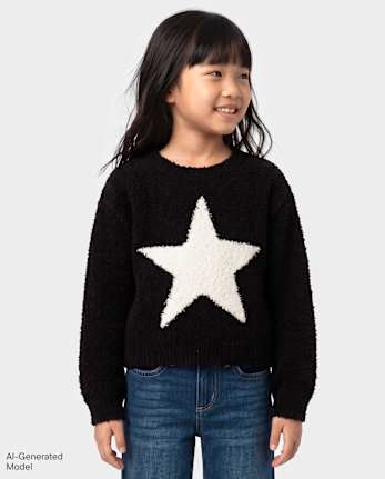 Girls Graphic Fuzzy Sweater - BLACK