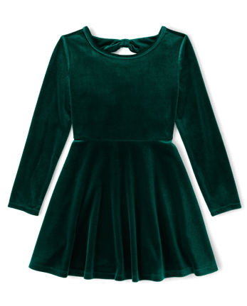 Girls Velour Bow Back Dress - BALT GREEN