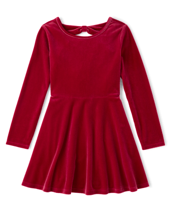 Girls Velour Bow Back Dress - RED OCHRE