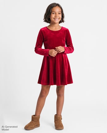 Girls Velour Bow Back Dress - RED OCHRE