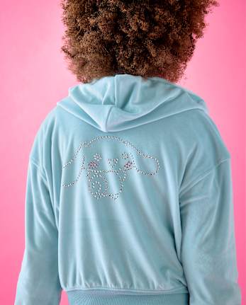 Girls Hello KittyÂ® Rhinestone Velour Zip Up Hoodie - BLUE AIR