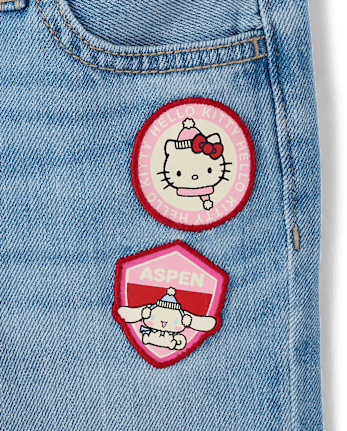 Girls Hello Kitty® And Friends Embroidered Patch Wide Leg Jeans - MYLAH WASH
