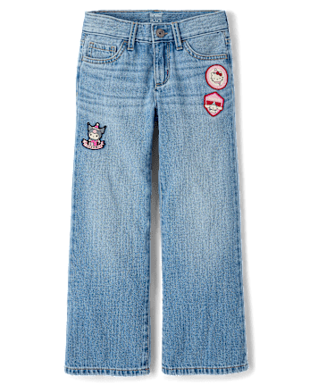 Girls Hello Kitty® And Friends Embroidered Patch Wide Leg Jeans - MYLAH WASH