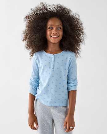 Girls Print Ribbed Henley Top - GLOBE BLUE