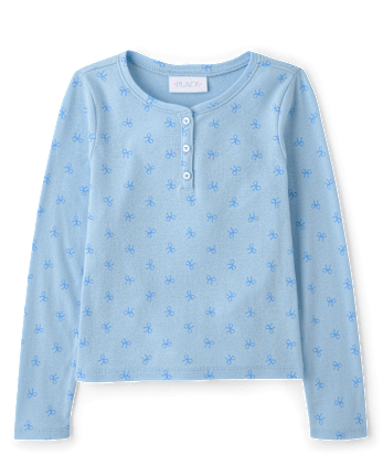 Girls Print Ribbed Henley Top - GLOBE BLUE