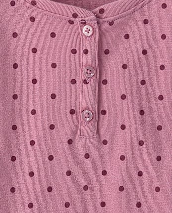 Girls Polka Dot Ribbed Henley Top - WINEBERRY