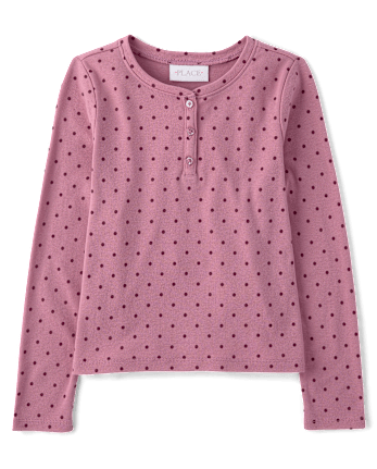 Girls Polka Dot Ribbed Henley Top - WINEBERRY
