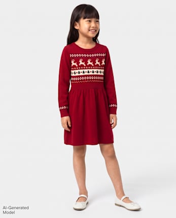 Girls Christmas Fairisle Sweater Dress - RED OCHRE