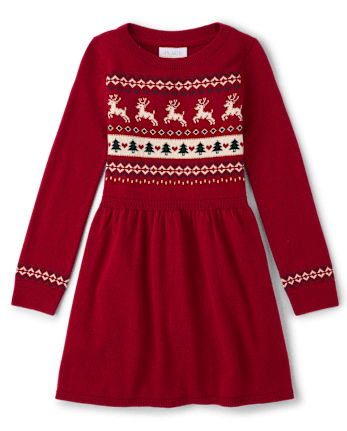 Girls Christmas Fairisle Sweater Dress - RED OCHRE