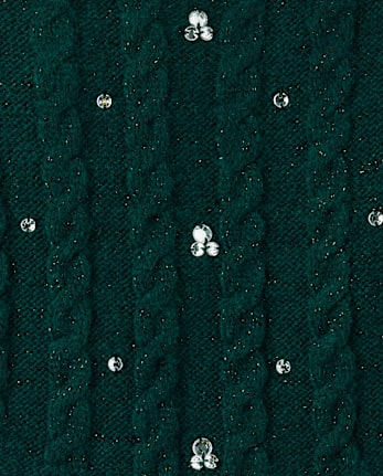 Girls Rhinestone Cable Knit Sweater Dress - BALT GREEN