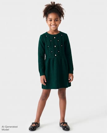 Robe pull en maille torsadée à strass pour fille - BALT GREEN