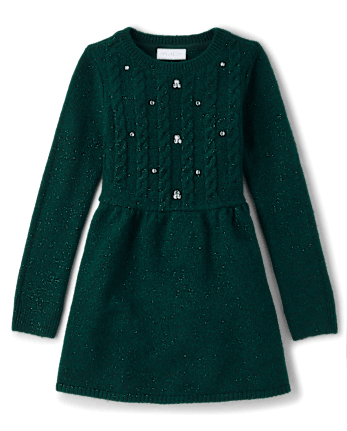 Girls Rhinestone Cable Knit Sweater Dress - BALT GREEN