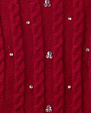 Girls Rhinestone Cable Knit Sweater Dress - RED OCHRE