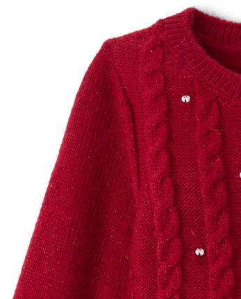Girls Rhinestone Cable Knit Sweater Dress - RED OCHRE