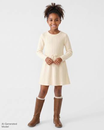 Girls Shimmer Ribbed Sweater Dress - FAIR IVORY