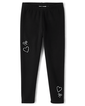 Girls Rhinestone Heart Winter Warm Leggings - BLACK