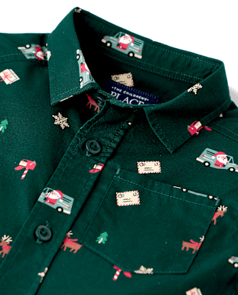 Baby And Toddler Boys Christmas Poplin Button Up Shirt - BALT GREEN
