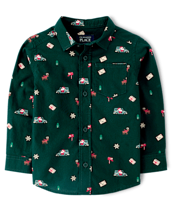 Baby And Toddler Boys Christmas Poplin Button Up Shirt - BALT GREEN