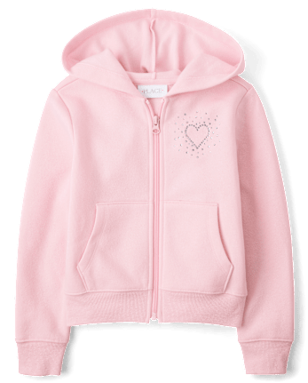 Girls Rhinestone Icon Premium Fleece Zip Up Hoodie - ROSE MIST
